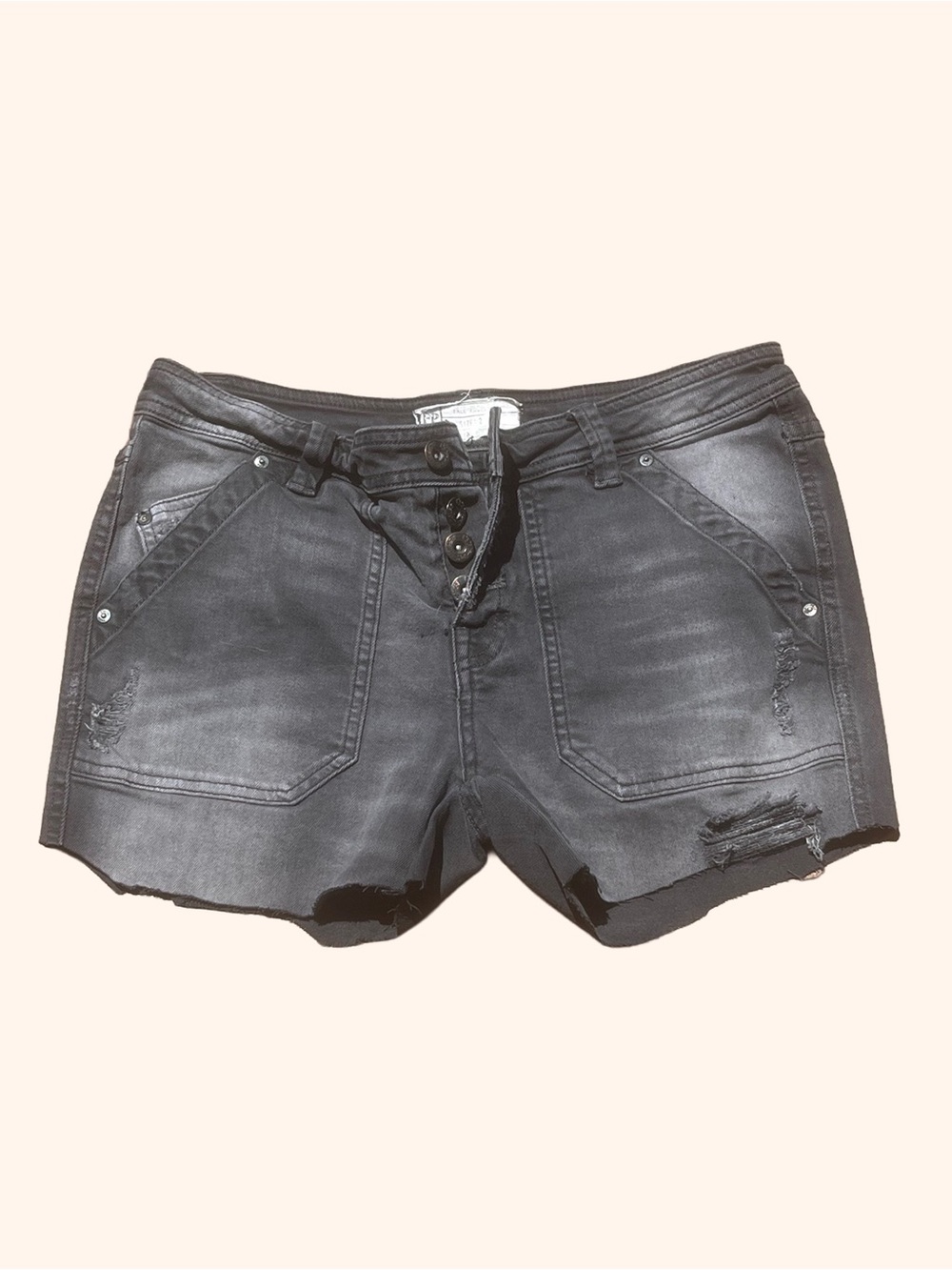 Free People Black Distressed Button-Front Denim Shorts